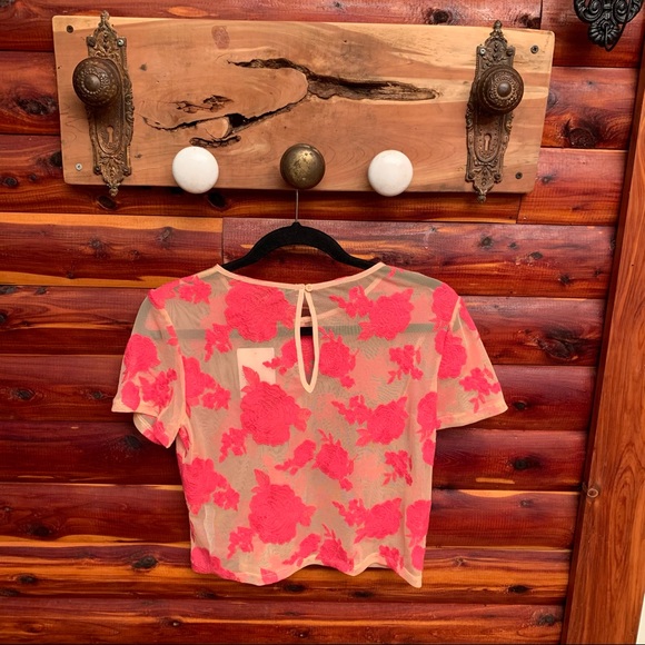 NWT mid length pink embroidery flower sheer lace top. Size S - Picture 2 of 6